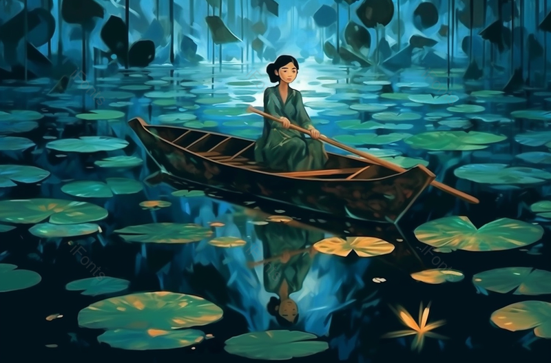 二十四节气夏季夏天立夏小暑夜间月光女子划船池塘荷塘水塘荷花荷叶绿色背景插画,插画/手绘图,插画/手绘图库,插画/手绘图下载,插画/手绘